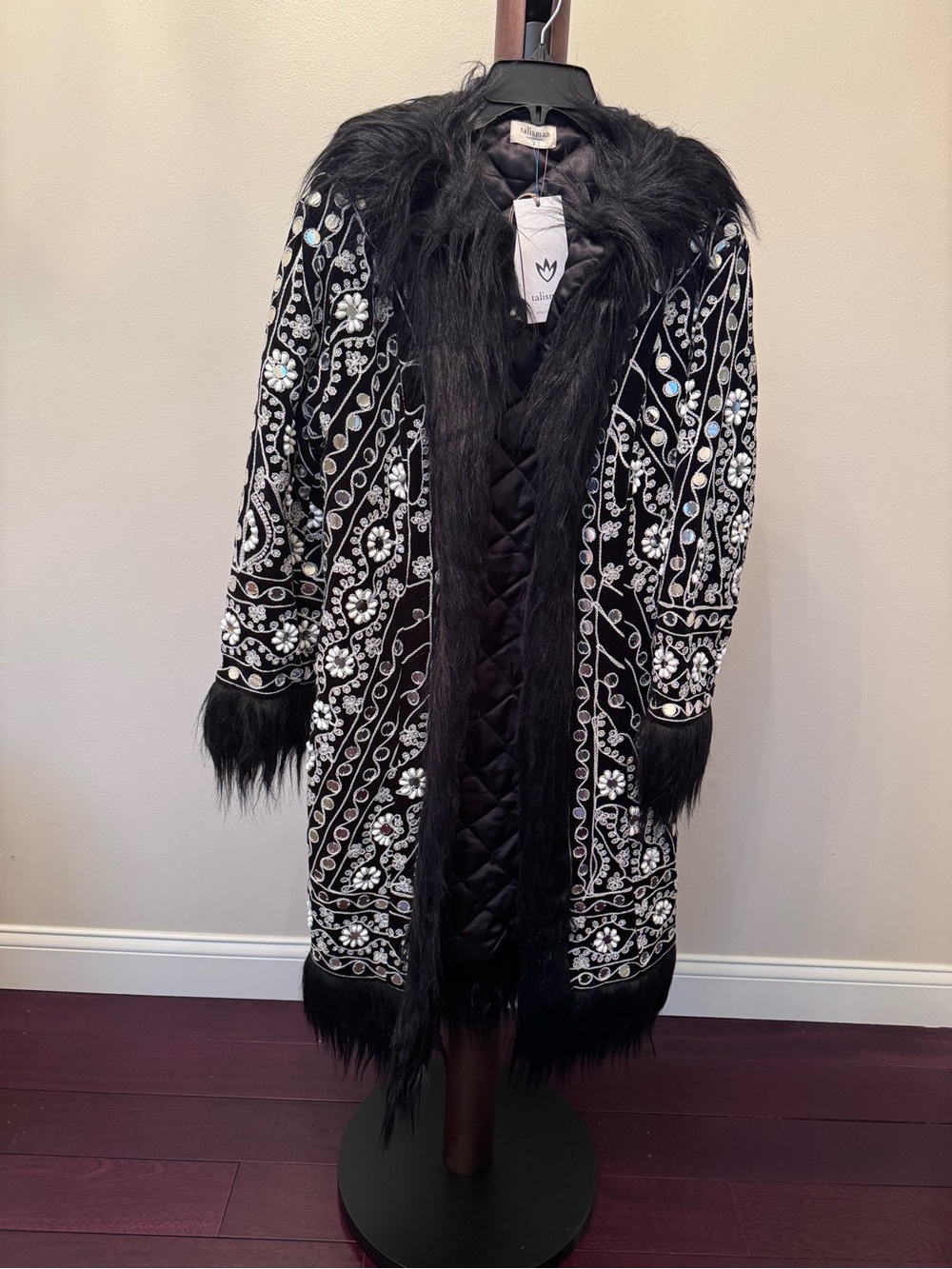 Embellished Black Faux-Fur Trim Puffer Coat by Unknown